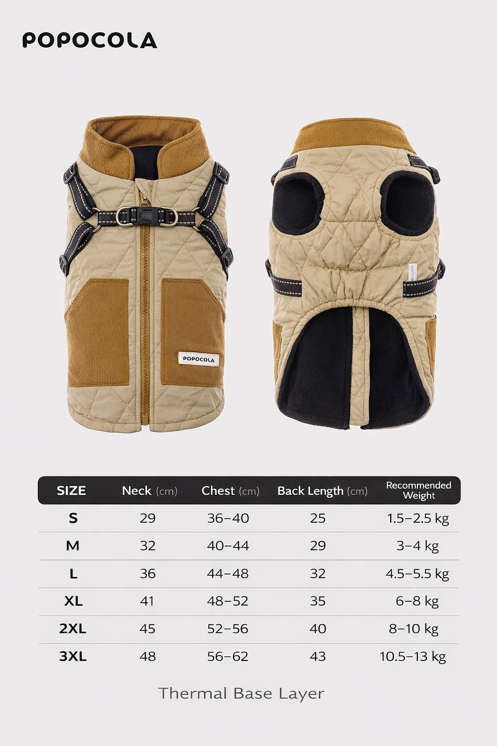 Popocola Quilted Winter Harness Jacket for Dogs